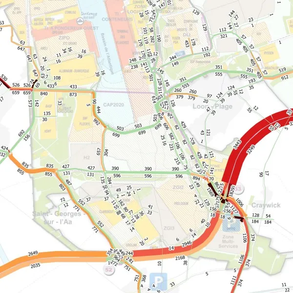 Carte des trafics routiers modélisés avec Q-Traf